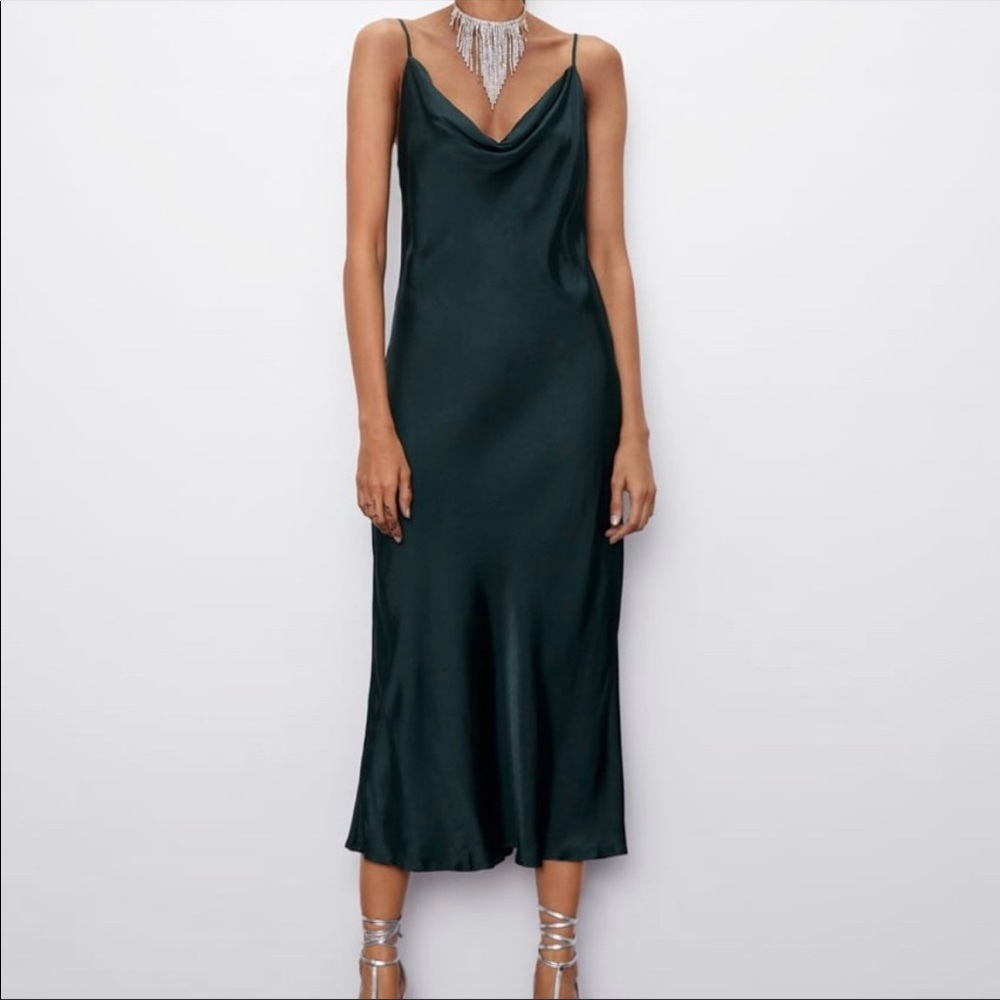 Green satin Zara midi dress